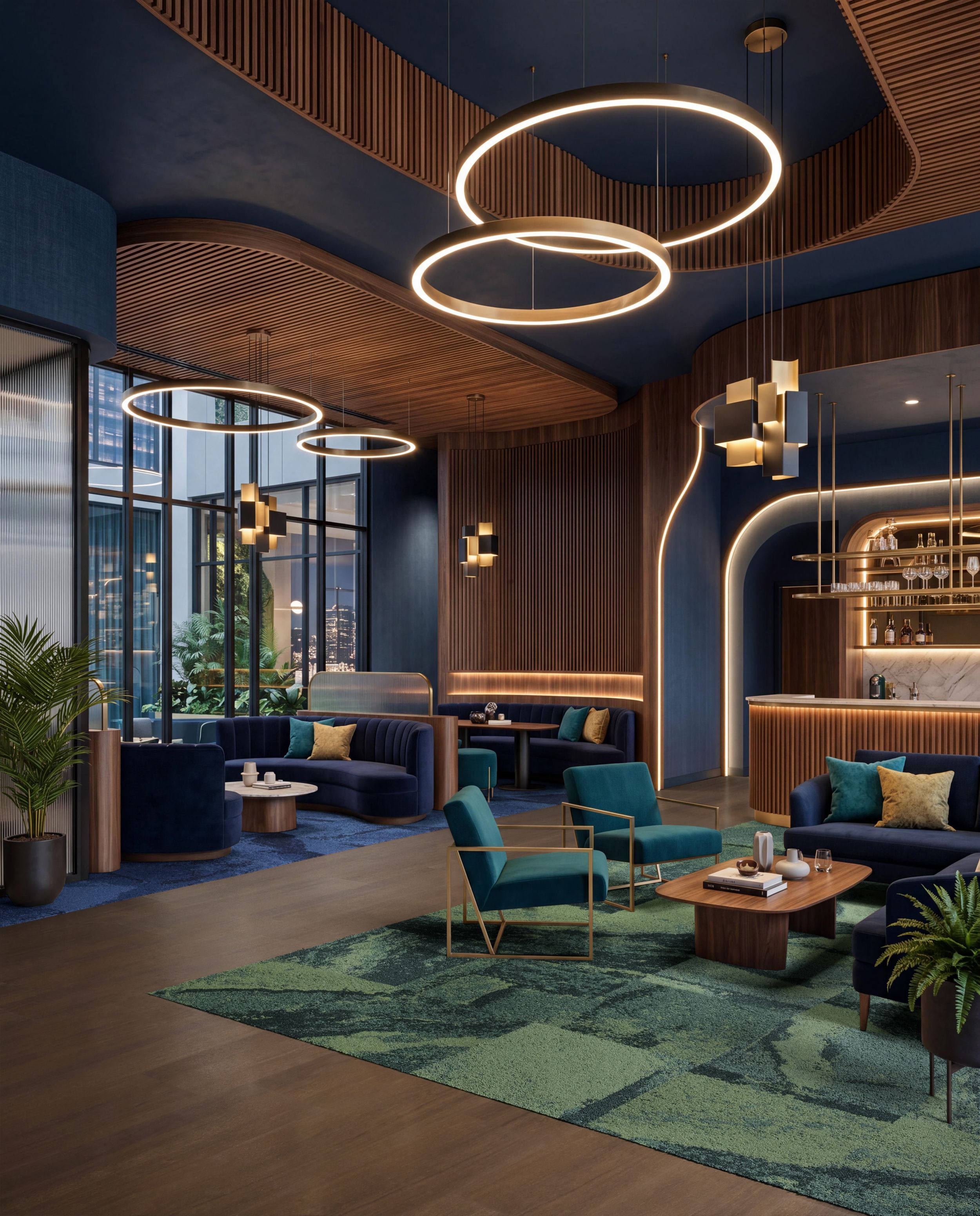 Interface Bridgepoint carpet tile with On Grain plank LVT in hospitality bar imagen n&uacute;mero 5